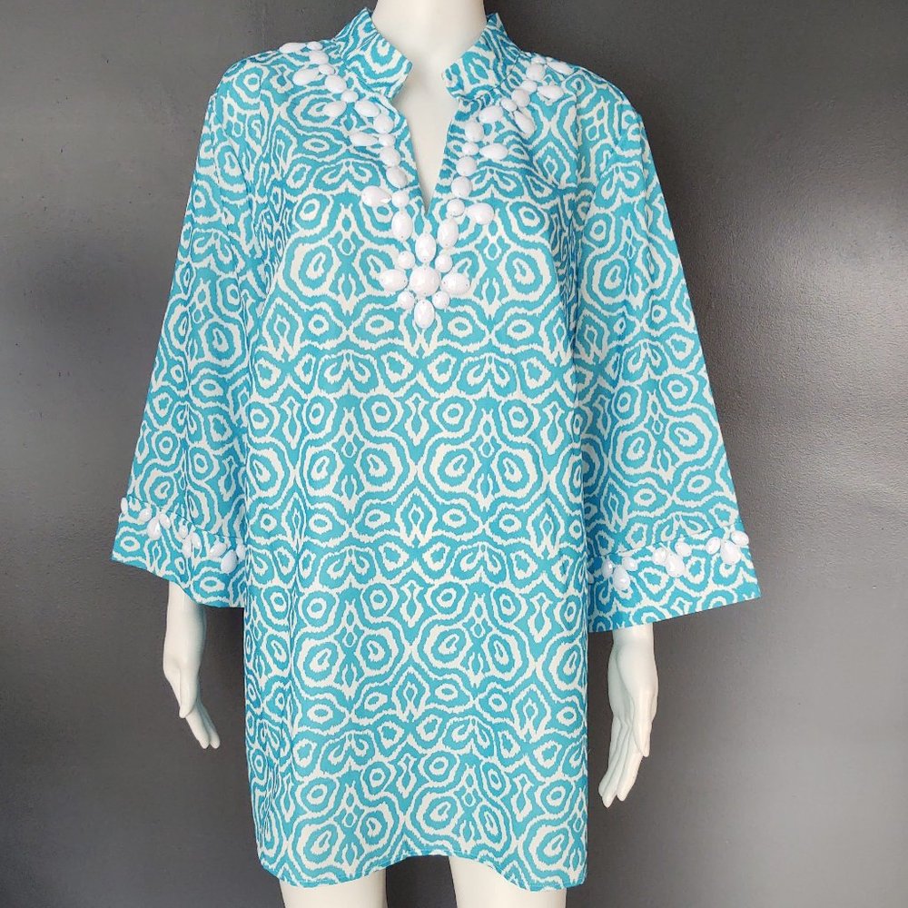 Turquoise and white tunic with beaded detail